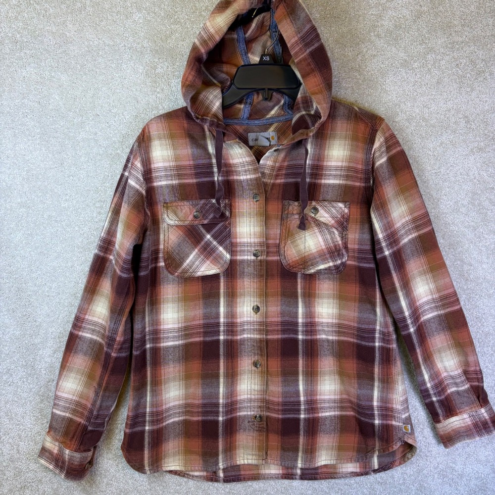 Carhartt Hooded Flannel Shirt Womens Medium M Brown Plaid Button Front Cotton
